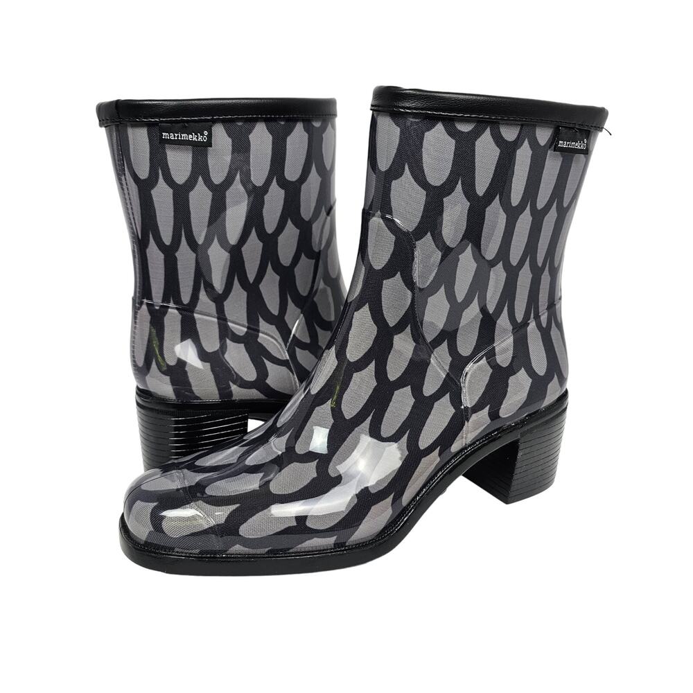 Marimekko Made in Italy Abstract Rain Boots EU 38 US 7.5 Scandi Block Heel Grey